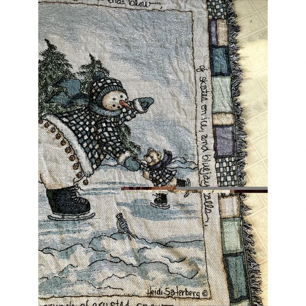 Heidi‎ Saterberg USA Snowman & Bear Skating Woven Tapestry Throw Blanket 48